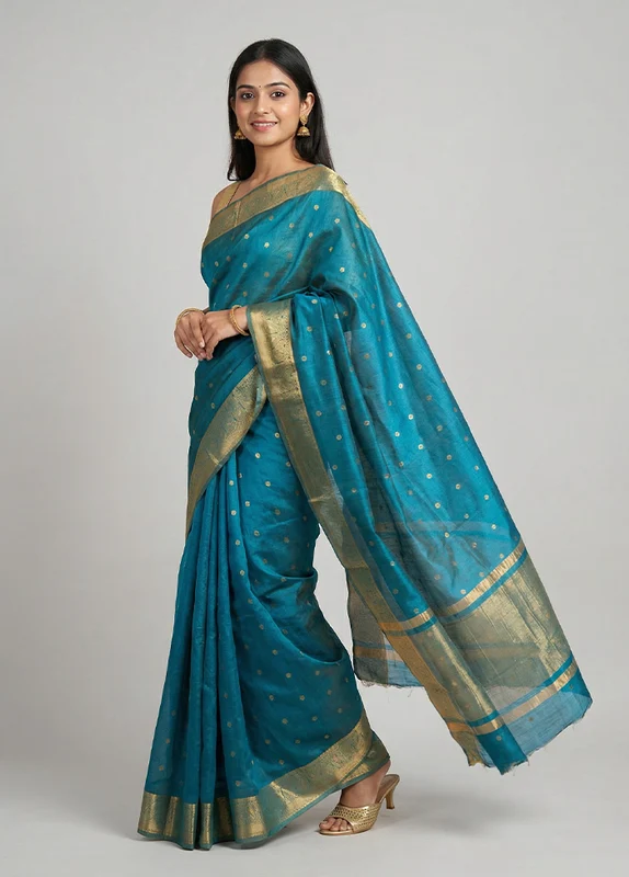 Blue Dupion Silk Saree With Blouse Piece One Size