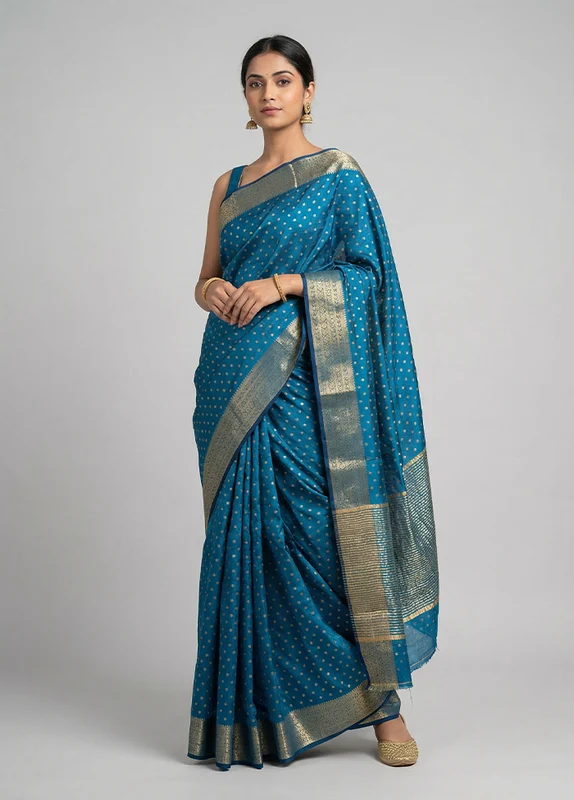 Blue Dupion Silk Saree With Blouse Piece One Size