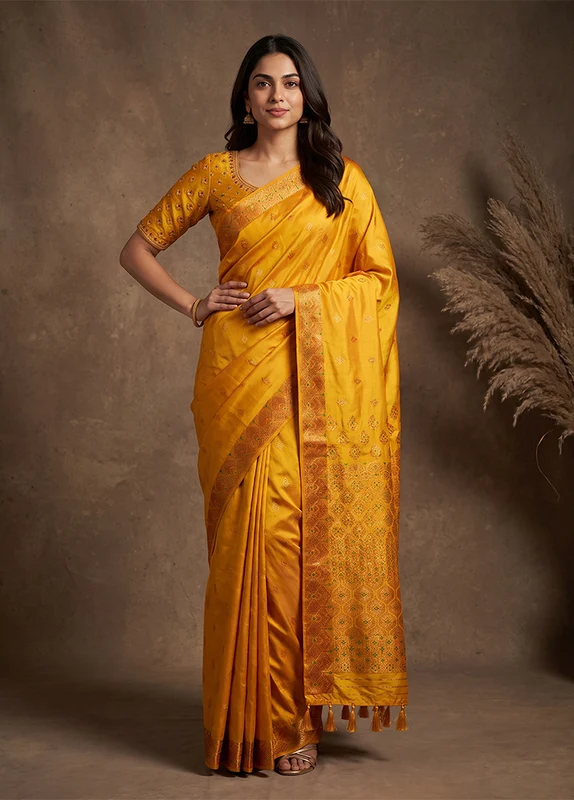 Yellow Assam Silk Saree With Blouse Piece One Size
