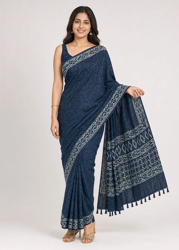 Blue Chanderi Cotton Saree With Blouse Piece One Size