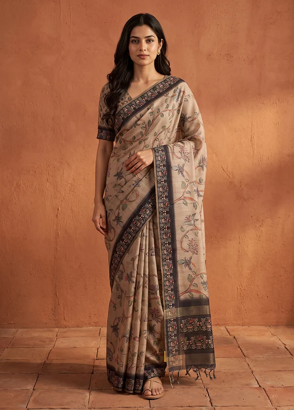 Cream Tussar Silk Saree With Blouse Piece One Size