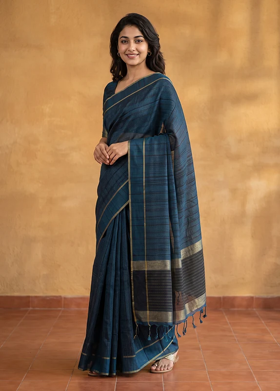 Blue Tussar Silk Saree With Blouse Piece One Size
