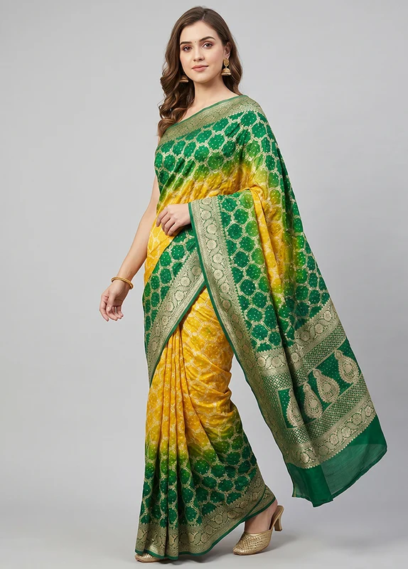 Green Georgette Saree With Blouse Piece One Size