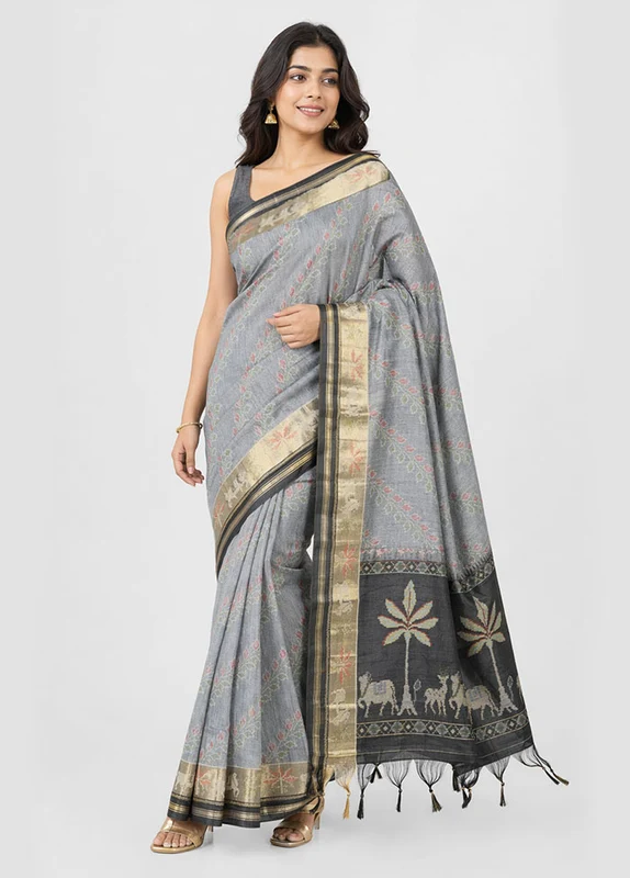 Grey Cotton Saree With Blouse Piece One Size