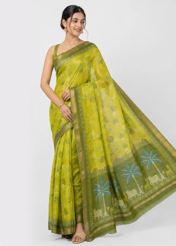 Green Cotton Saree With Blouse Piece One Size