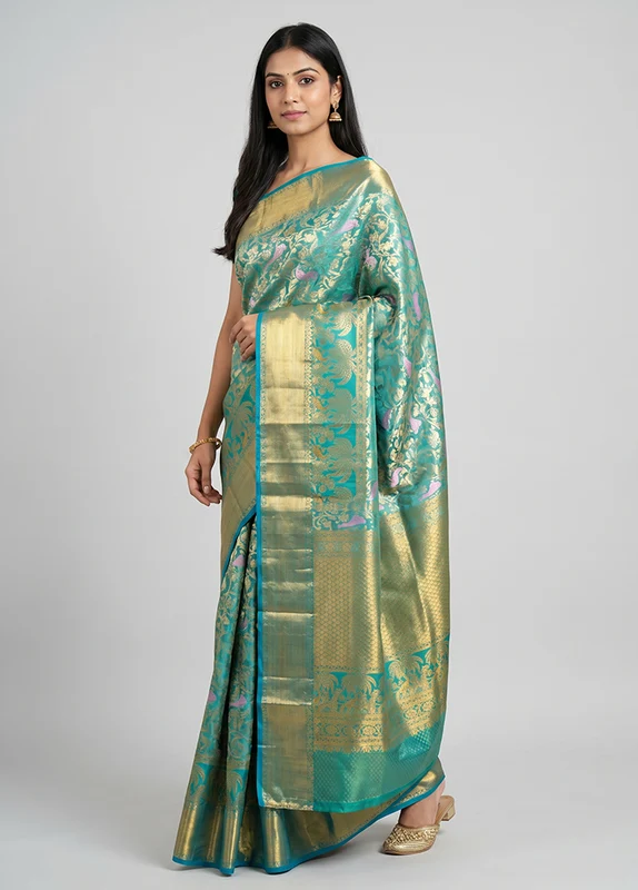 Green Handloom Kanchipuram Pure Silk Saree With Blouse Piece One Size