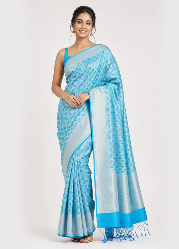 Blue Kora Silk Saree With Blouse Piece One Size