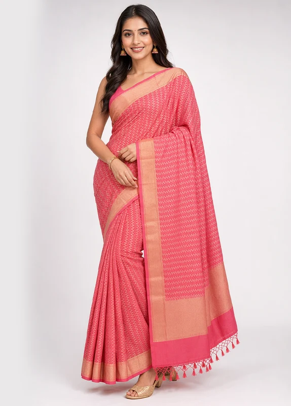 Pink Kora Silk Saree With Blouse Piece One Size