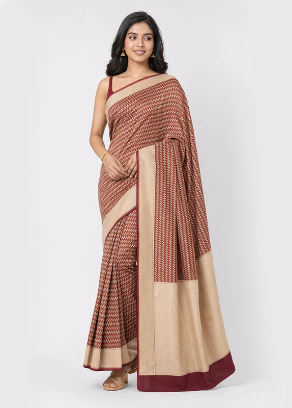 Brown Kora Silk Saree With Blouse Piece One Size