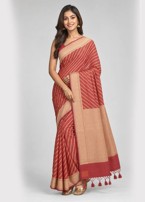 Maroon Kora Silk Saree With Blouse Piece One Size