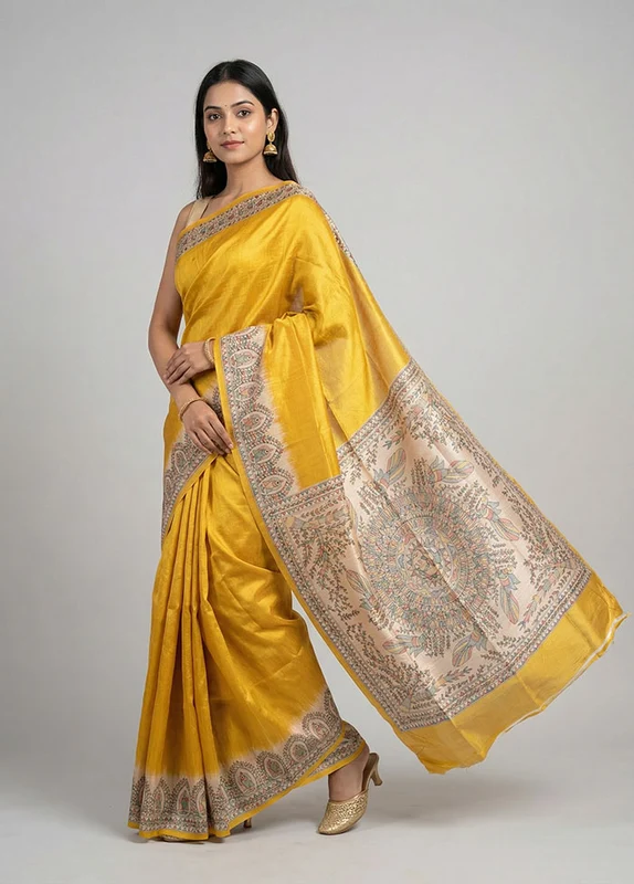 Yellow Printed Silk Saree Without Blouse Piece One Size