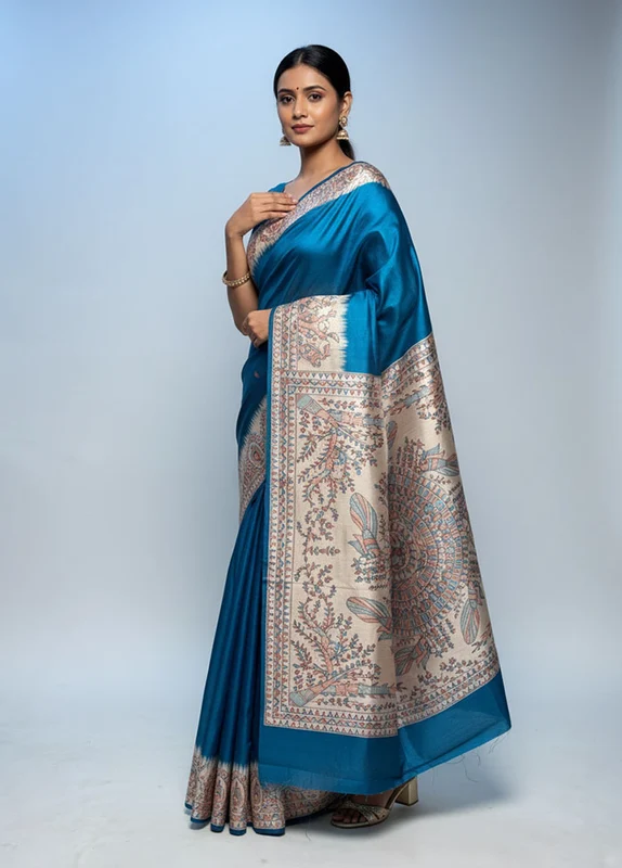 Green Printed Silk Saree Without Blouse Piece One Size