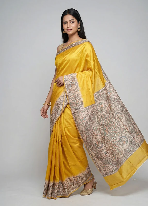 Yellow Printed Silk Saree Without Blouse Piece One Size