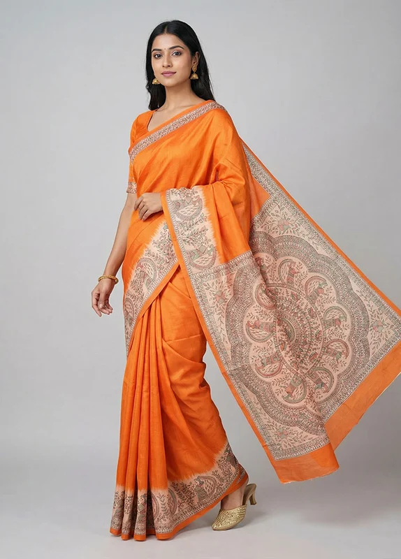 Orange Printed Silk Saree Without Blouse Piece One Size