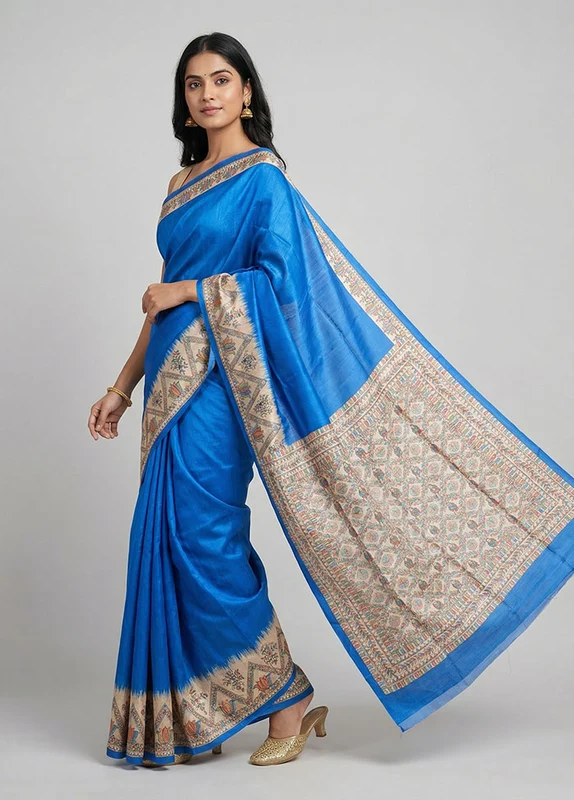Blue Printed Silk Saree Without Blouse Piece One Size