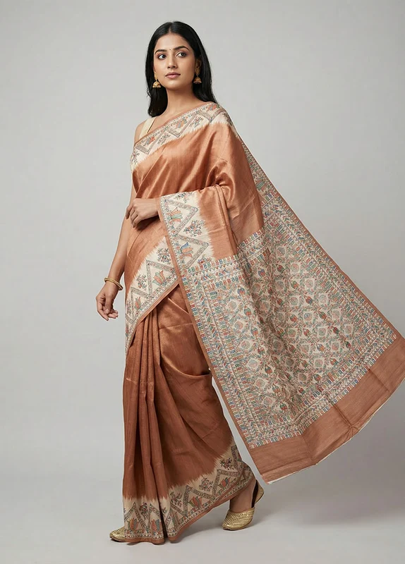 Cream Printed Silk Saree Without Blouse Piece One Size