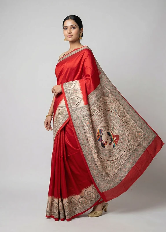 Red Printed Silk Saree Without Blouse Piece One Size