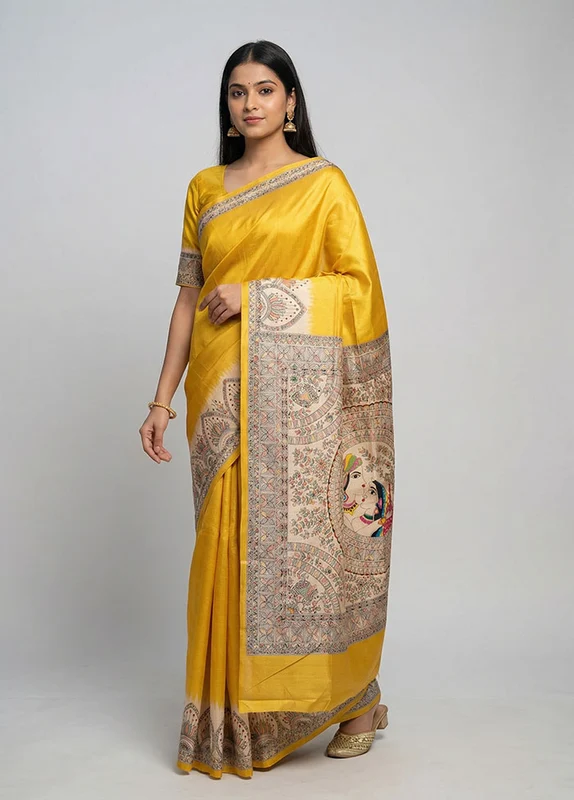Yellow Printed Silk Saree Without Blouse Piece One Size