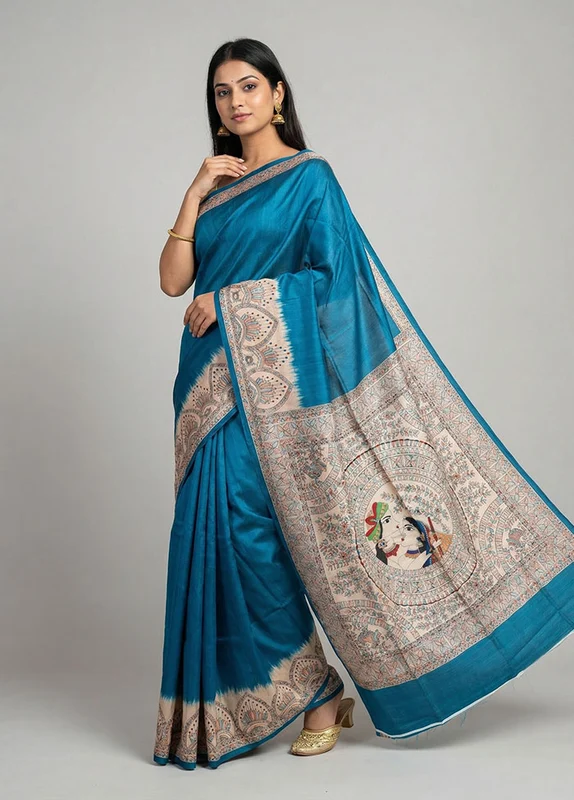 Green Printed Silk Saree Without Blouse Piece One Size