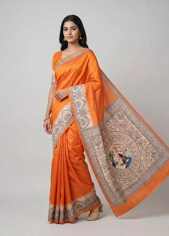 Orange Printed Silk Saree Without Blouse Piece One Size