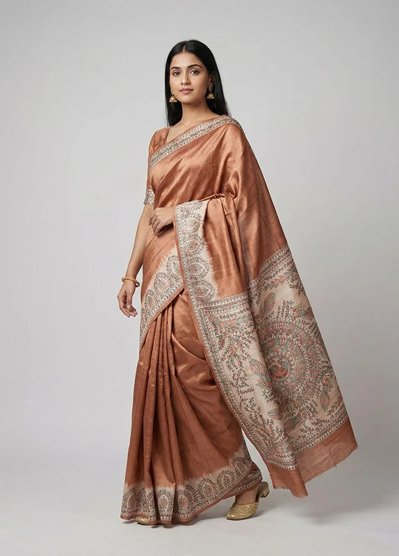 Cream Printed Silk Saree Without Blouse Piece One Size