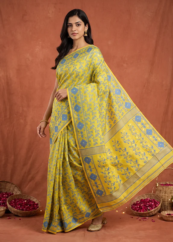 Yellow Jamdani Cotton Saree Without Blouse Piece One Size