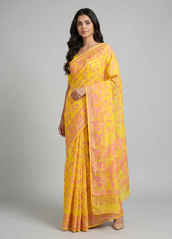 Yellow Jamdani Cotton Saree Without Blouse Piece One Size