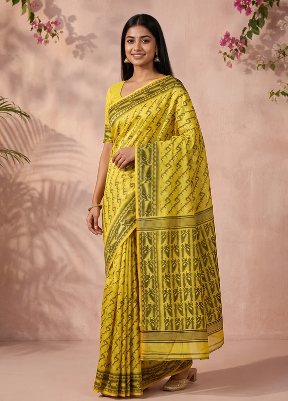 Yellow Jamdani Cotton Saree Without Blouse Piece One Size