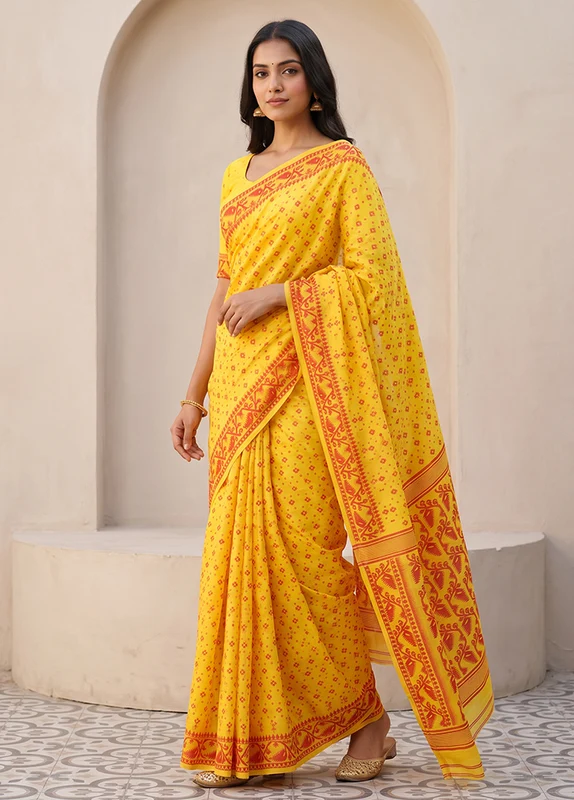 Yellow Jamdani Cotton Saree Without Blouse Piece One Size