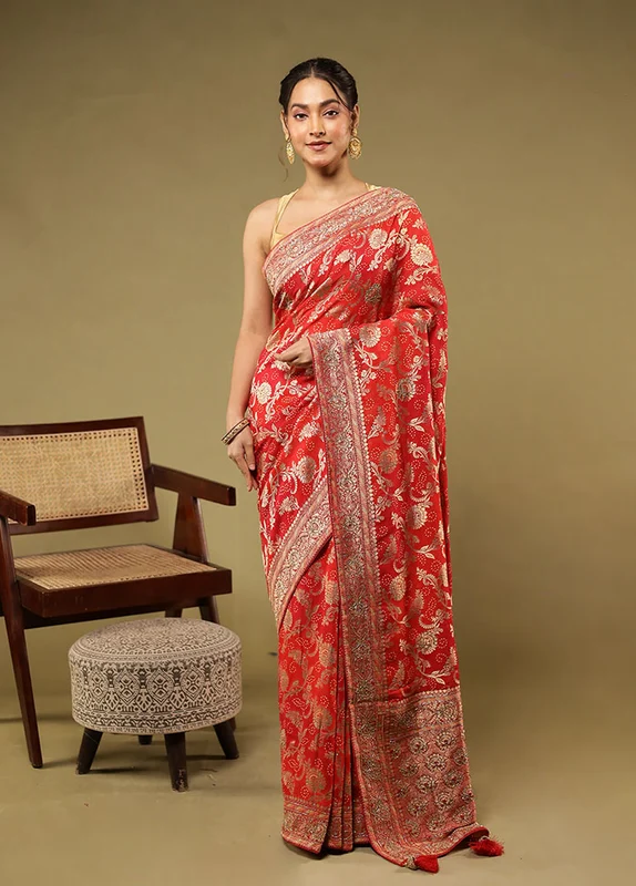 Red Handloom Pure Georgette Saree With Blouse Piece One Size