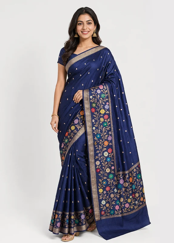 Blue Handloom Katan Pure Silk Saree With Blouse Piece One Size
