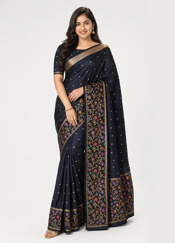 Black Handloom Katan Pure Silk Saree With Blouse Piece One Size