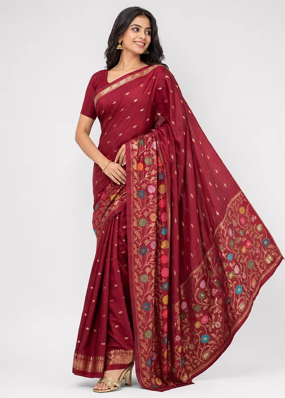 Maroon Handloom Katan Pure Silk Saree With Blouse Piece One Size