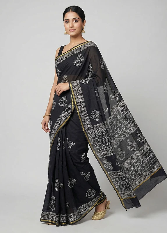 Black Chanderi Silk Saree With Blouse Piece One Size