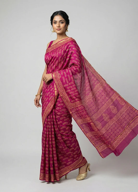 Purple Chanderi Silk Saree With Blouse Piece One Size