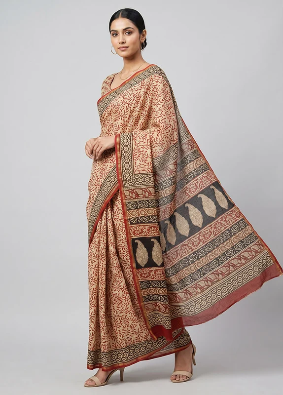 Cream Chanderi Silk Saree With Blouse Piece One Size