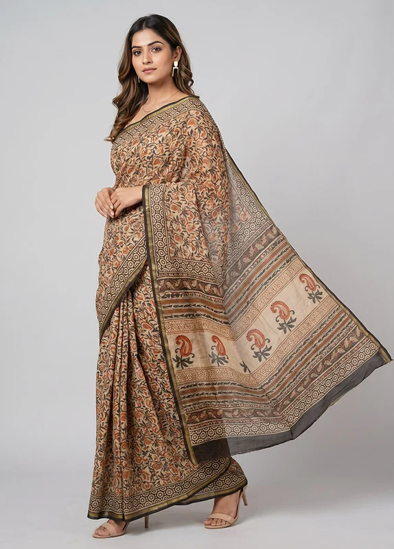 Cream Chanderi Silk Saree With Blouse Piece One Size