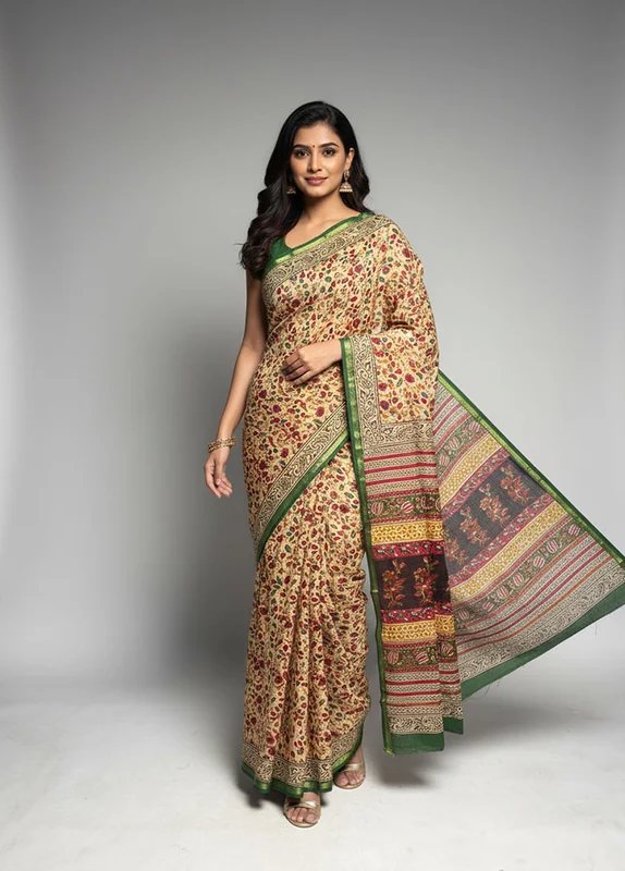 Cream Chanderi Silk Saree With Blouse Piece One Size