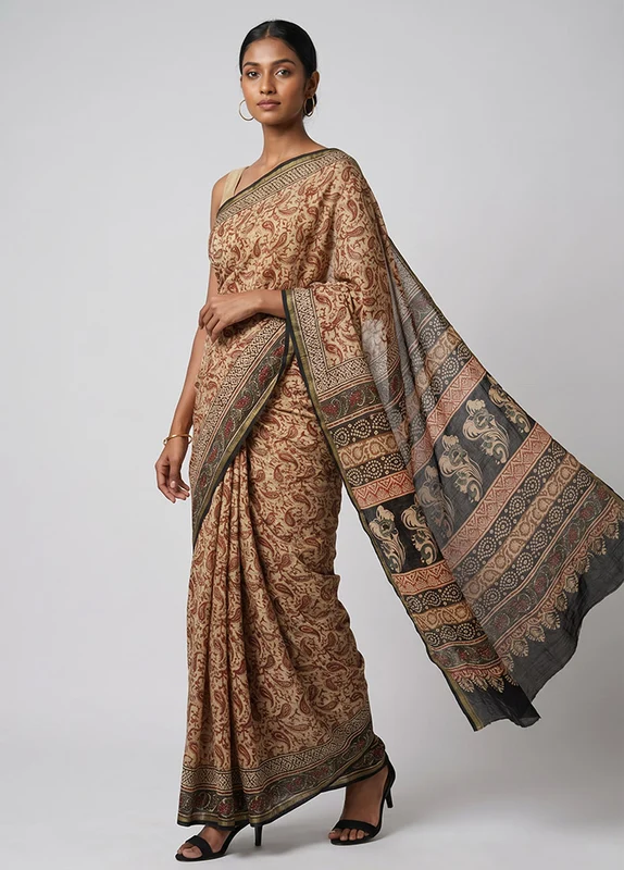 Cream Chanderi Silk Saree With Blouse Piece One Size