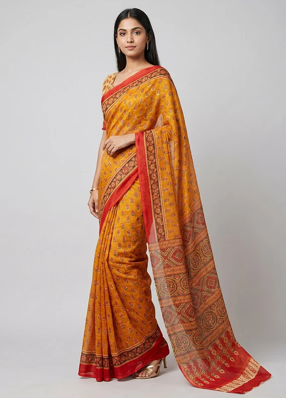 Rust Chanderi Silk Saree With Blouse Piece One Size