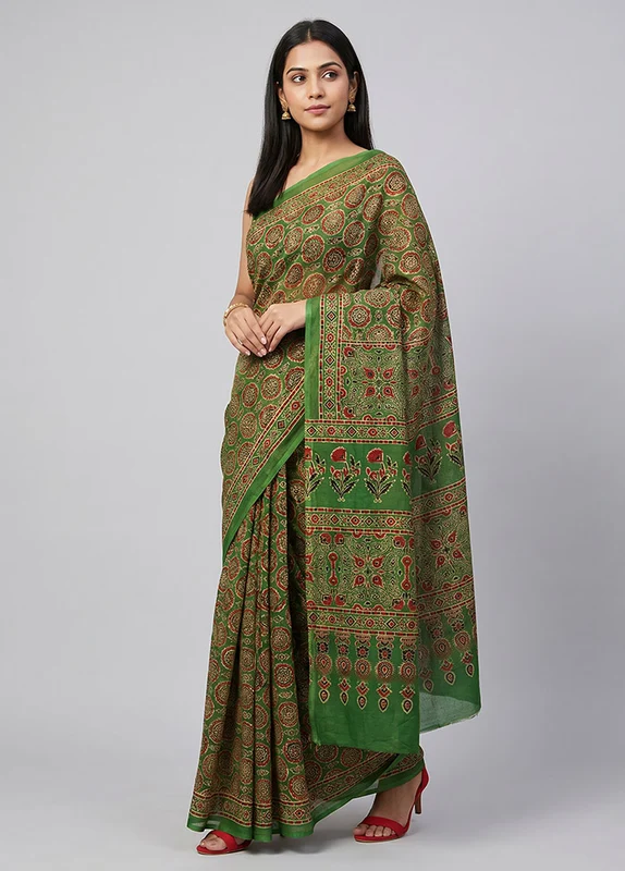 Green Chanderi Silk Saree With Blouse Piece One Size