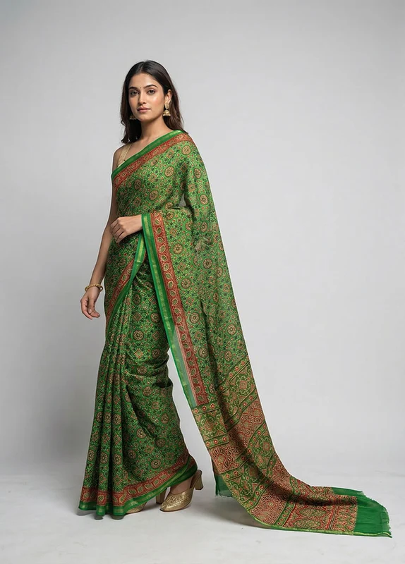Green Chanderi Silk Saree With Blouse Piece One Size