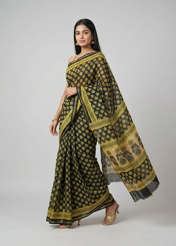 Black Chanderi Silk Saree With Blouse Piece One Size