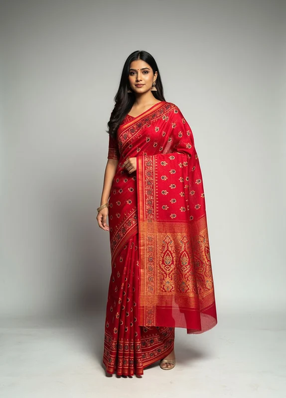 Red Chanderi Silk Saree With Blouse Piece One Size