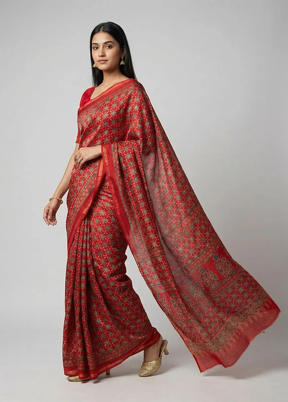 Red Chanderi Silk Saree With Blouse Piece One Size