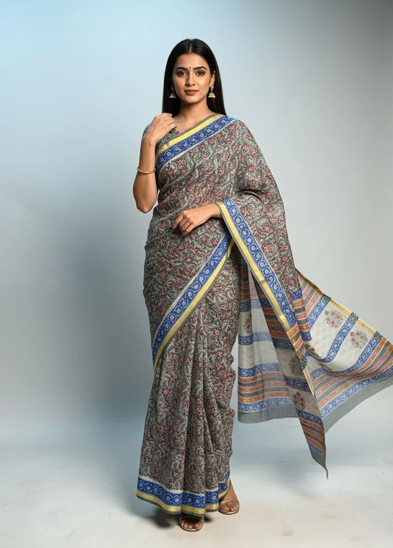 Grey Chanderi Silk Saree With Blouse Piece One Size