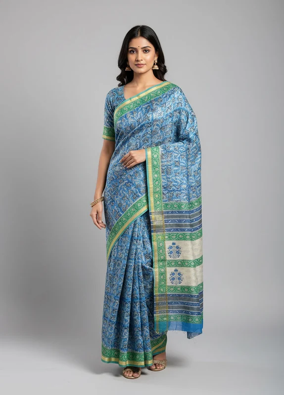 Blue Chanderi Silk Saree With Blouse Piece One Size