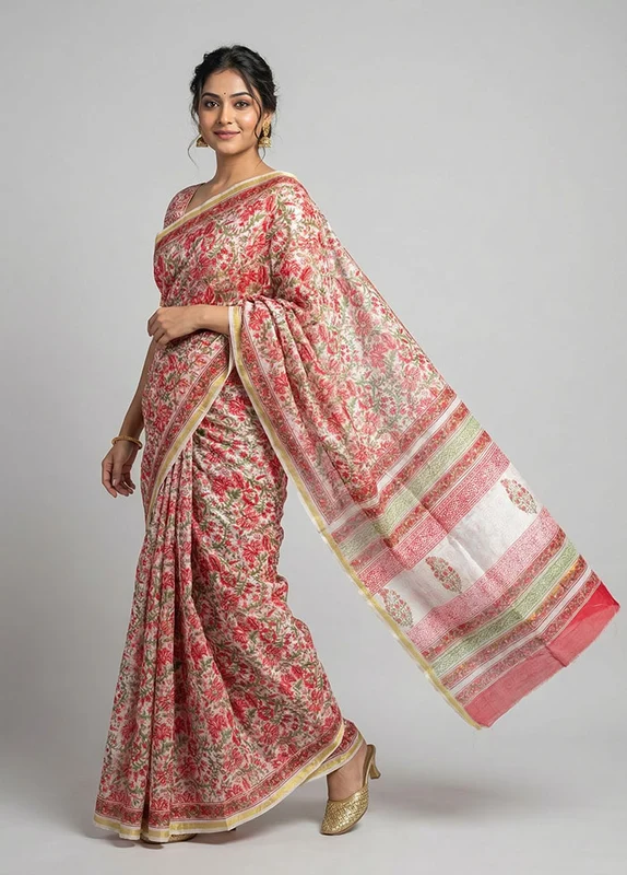 White Chanderi Silk Saree With Blouse Piece One Size