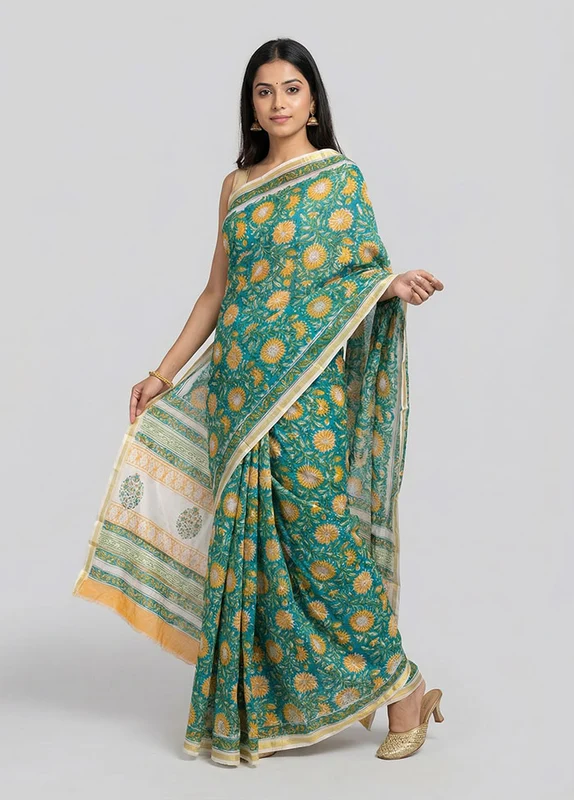 Blue Chanderi Silk Saree With Blouse Piece One Size