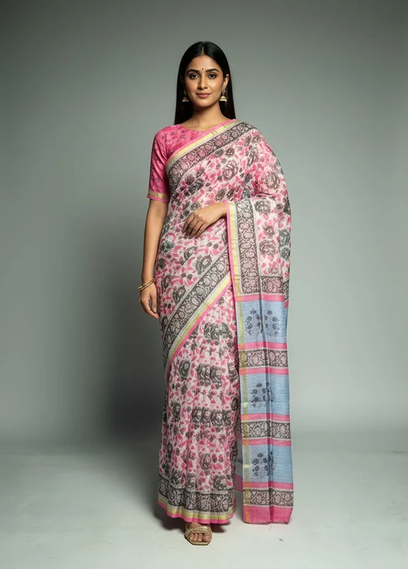 White Chanderi Silk Saree With Blouse Piece One Size